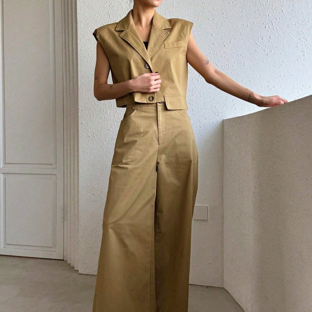 Khaki Casual Women's Turn-Down Collar Batwing Sleeve Top And Wide-Leg Pants Suit